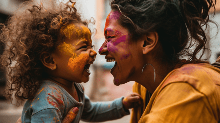 Mother and a toddler having fun face painting demonstrating IBS pain free life